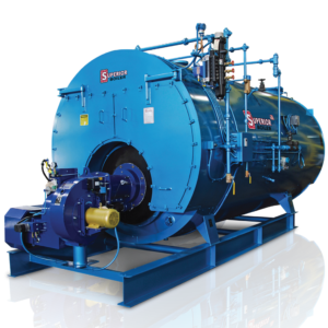 Superior – Fire Tube Boiler Superior Boiler industrial fire tube boiler in bright blue with front burner assembly and side controls.