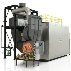 Superior – Water Tube Boiler Superior Boiler industrial water tube boiler with silver rectangular casing, front burner assembly, and overhead ductwork.